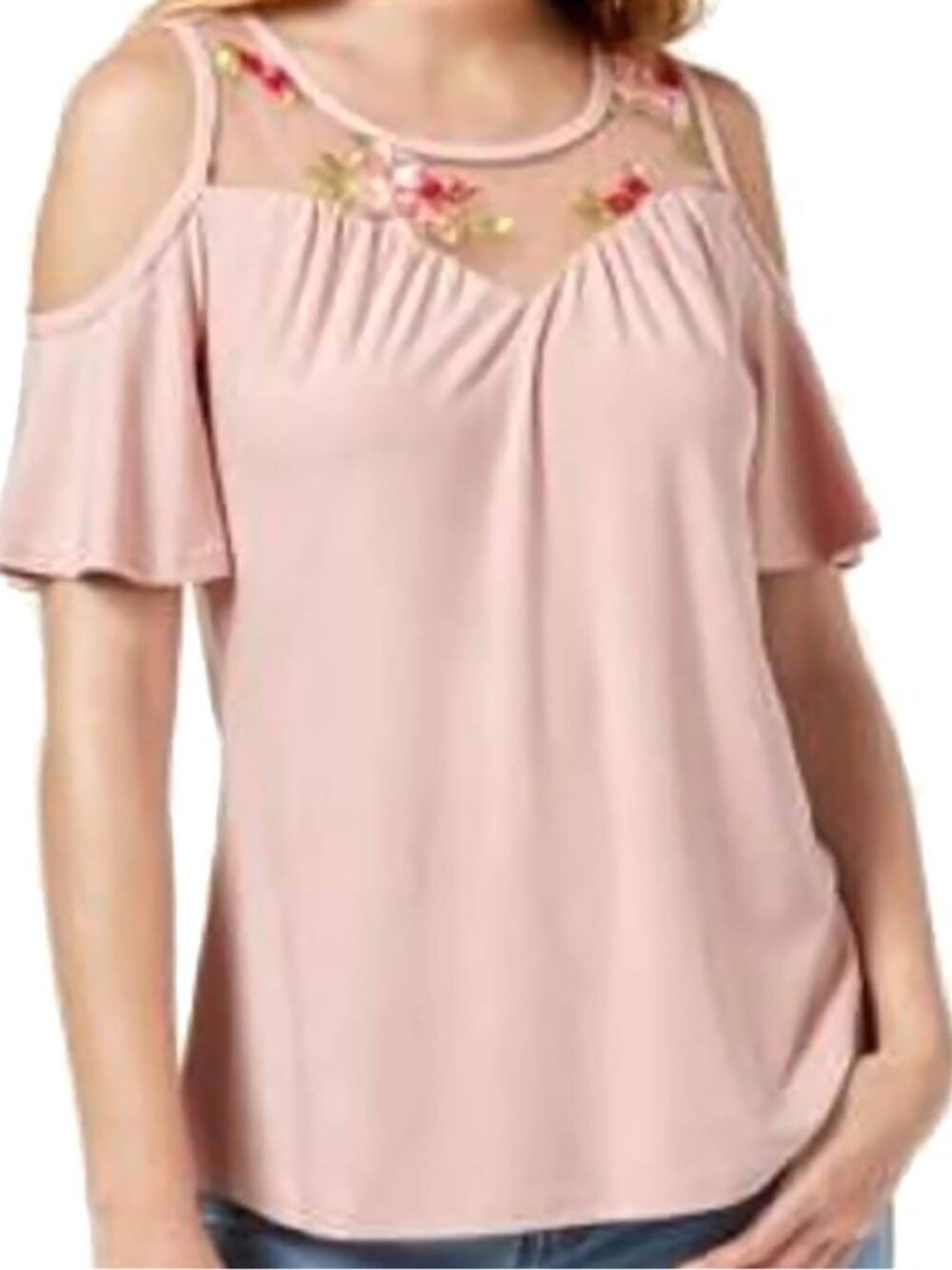 Ultra Flirt Womens Juniors Embroidered Cold Shoulder Blouse